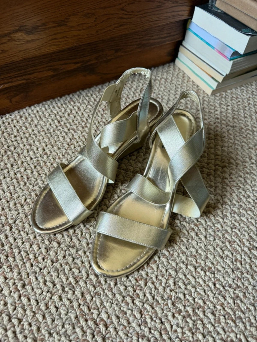 Gold metallic wedge sandals with ankle strap
